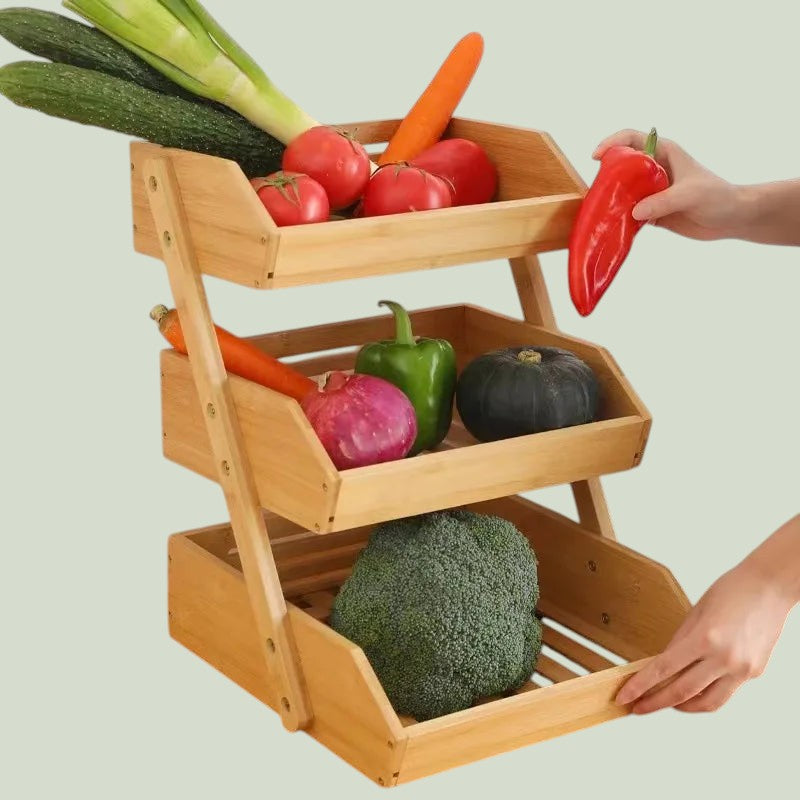 Bamboo and wood three-layer fruit basket