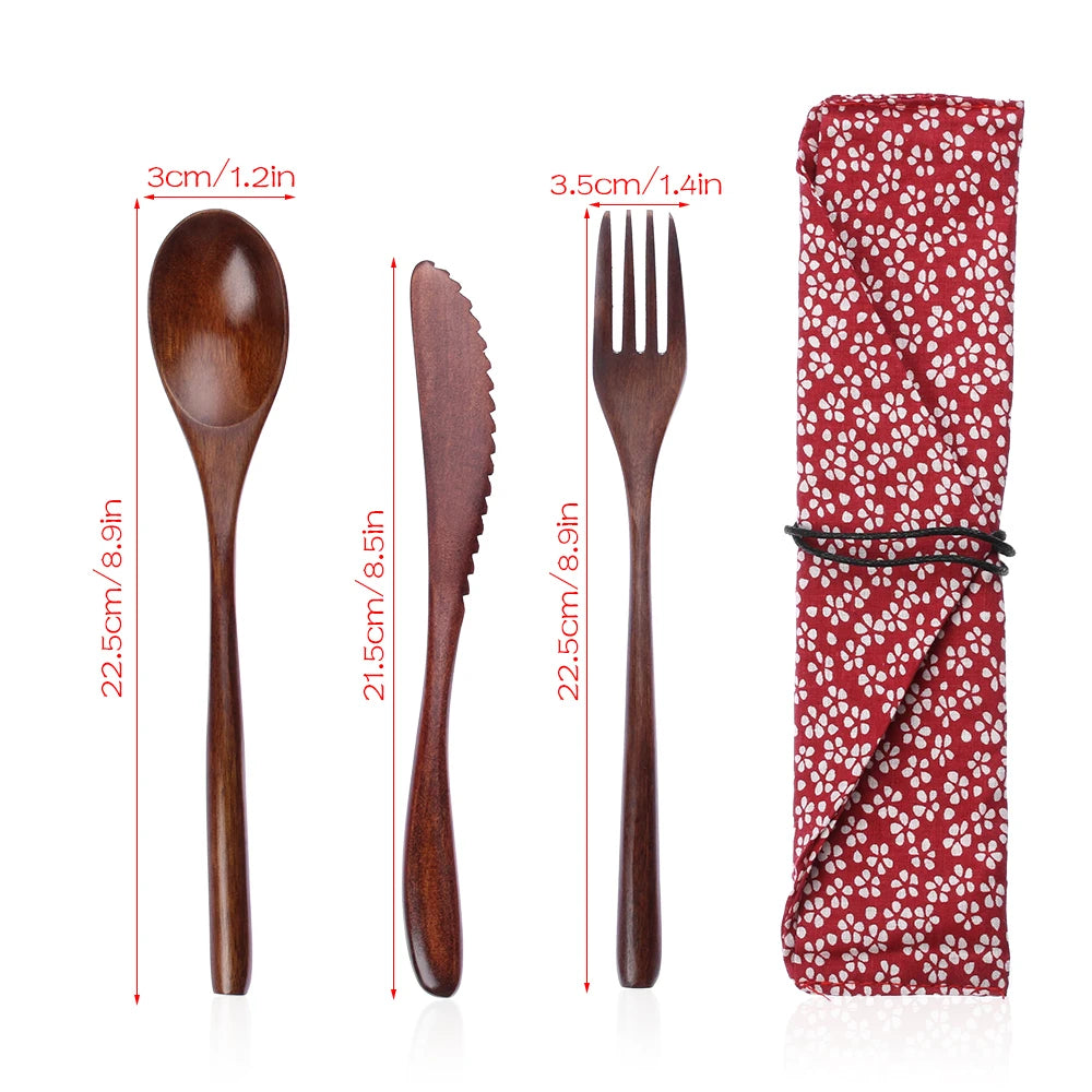 New Portable Reusable Wooden Cutlery Bamboo Flatware  With Bags Spoon Fork Cutter Dinnerware Tableware Dinnerware Sets