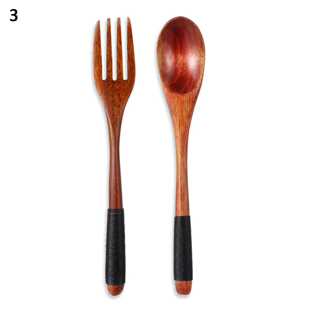 New Portable Reusable Wooden Cutlery Bamboo Flatware  With Bags Spoon Fork Cutter Dinnerware Tableware Dinnerware Sets