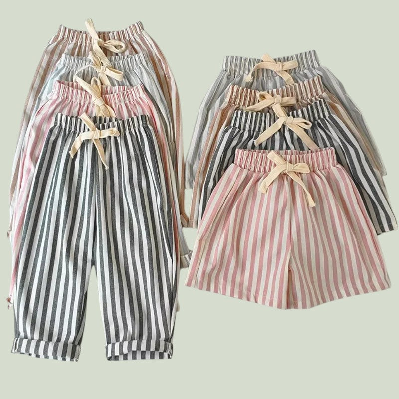 Hemp Cotton Striped Pants with  Elastic Waist