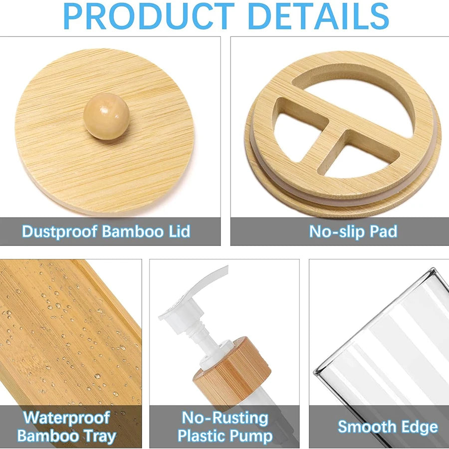 5 Pack Bamboo Bathroom Accessories Set with Tray - Plastic Soap Dispenser Clear Toothbrush Holder and 2 Qtip Holder Cotton Ball