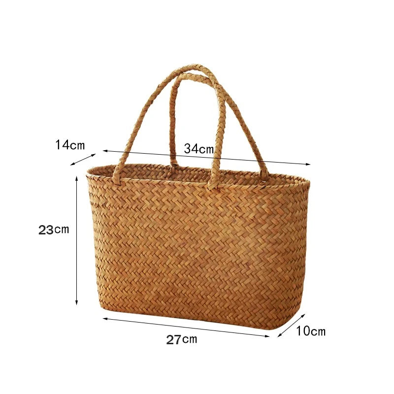 Rural style handmade bamboo woven handbag suitable for beach vacations, camping, and picnics, Available in 2 sizes