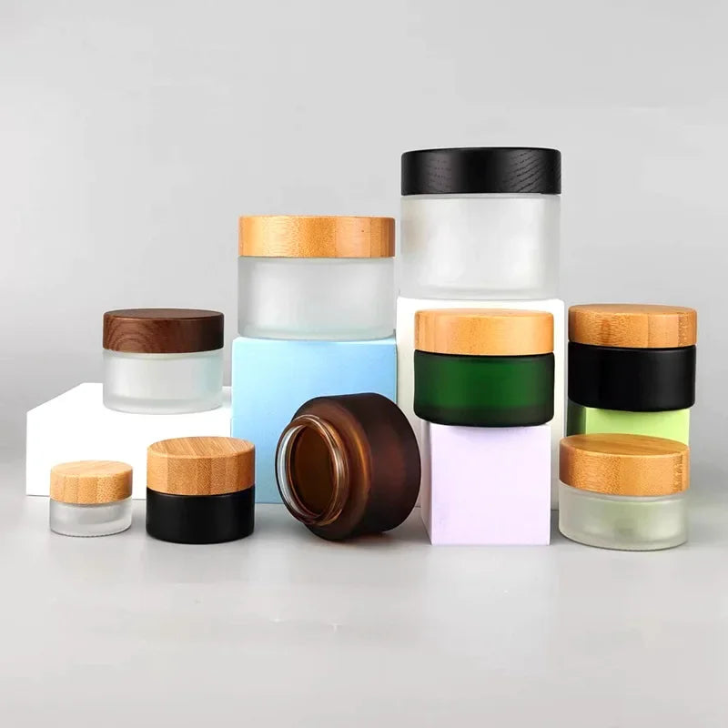 Wholesale 5pcs/lot 15g 30g 50g 100G 150g 200g Solid Wood Bamboo Cover Cosmetics Face Cream Bottle Frosted Glass Cream Bottles