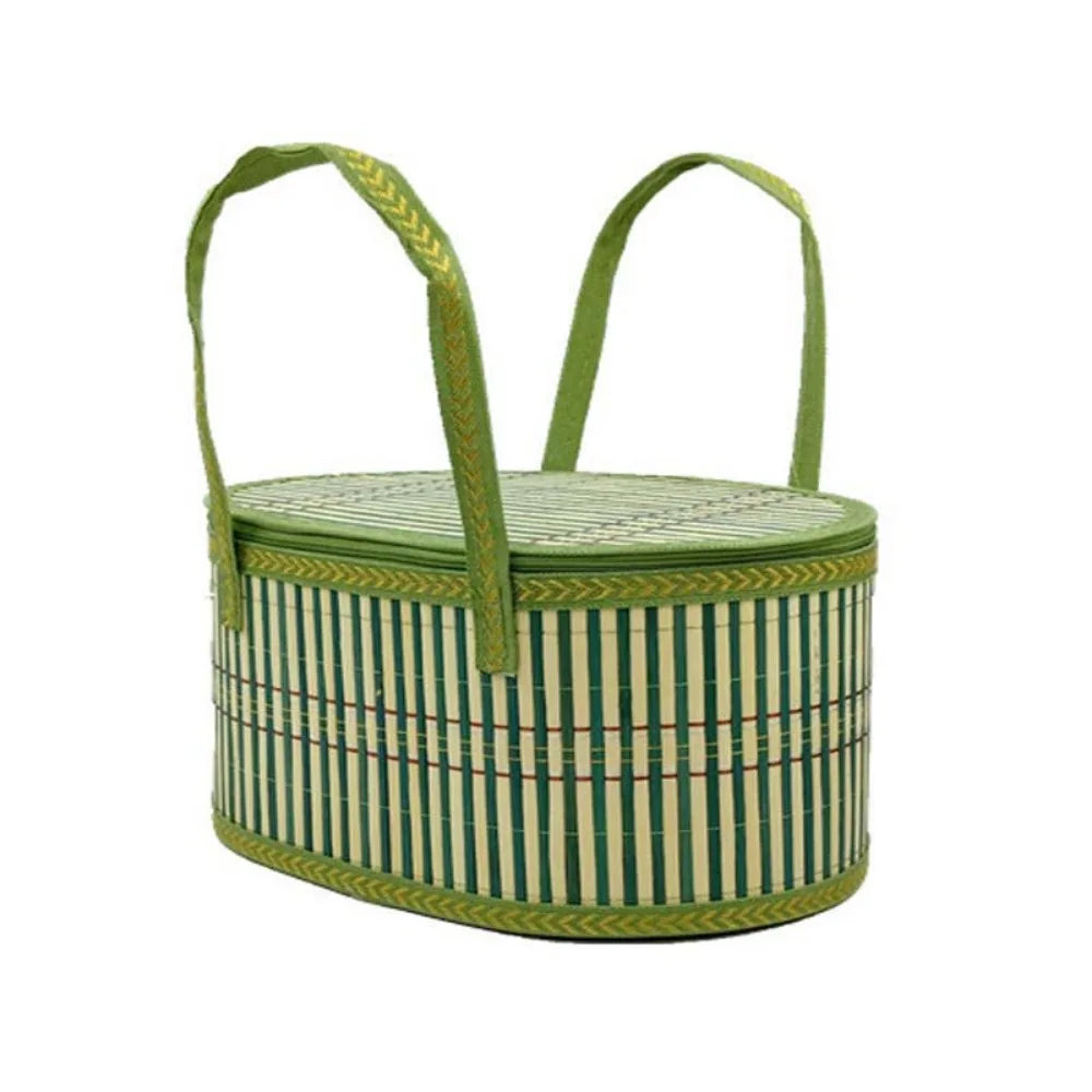 Handheld Elliptical Bamboo Basket Eco-friendly with Lid Bamboo Braided Basket Pastoral Style Sundries Snacks Basket Camping