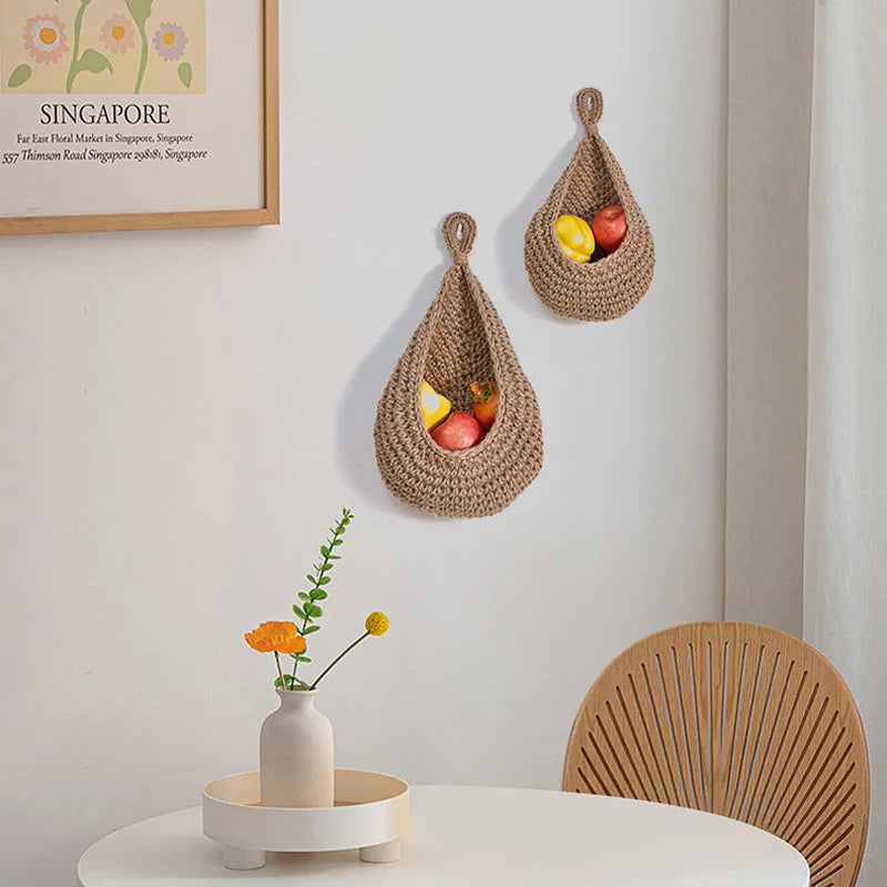 Wall-mounted Vegetable Basket Fruit and Sundry Basket Natural Wicker Weave Storage Basket Kitchen Storage Home Decoration
