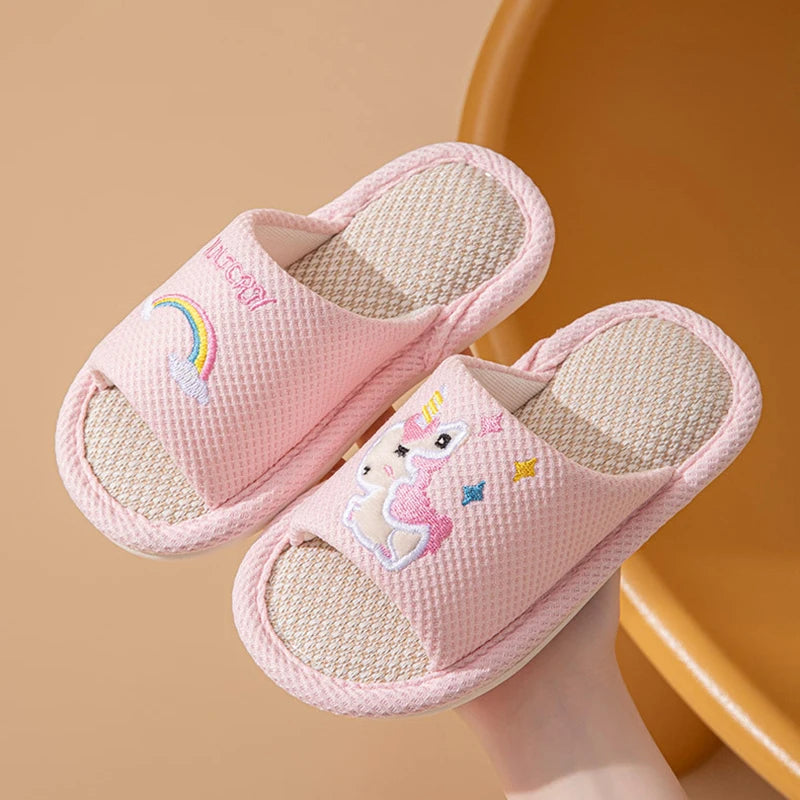Hemp Cartoon Slippers Children Home Flats Casual Spring Summer Luxury Designer Shoes Girls Rainbow Fashion Indoor Slides Soft