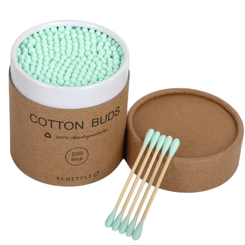 200Pcs Bamboo Cotton Swab Wood Sticks Soft Cotton Buds Cleaning of Ears Tampons Health Beauty Disposable Colored Cotton Swabs