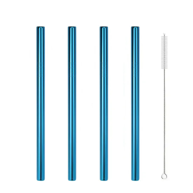 Reusable Boba Drinking Straws with Cleaning Brush 4Pcs Extra Wide Stainless Steel Metal Bubble Tea Straw for Smoothie MilkShakes