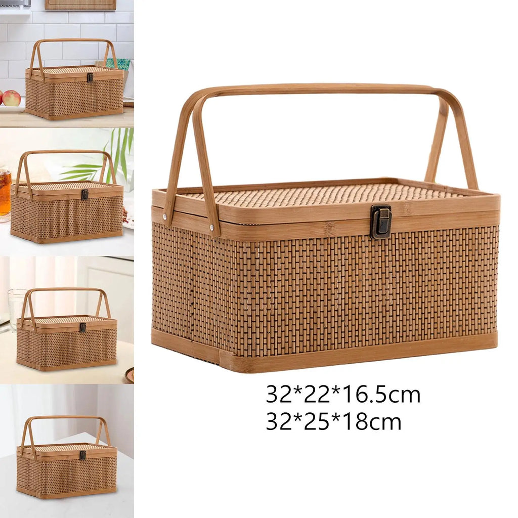 Handcrafted Bamboo Basket with Handle and Lid Durable Snack Fruit Storage for Picnic Camping and Home Use