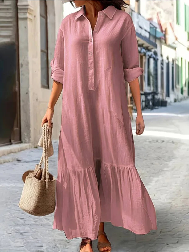 2025 New Cotton Hemp Women's Long Dresses Shirt Collar Twisted Buckle Casual Robe Femmes