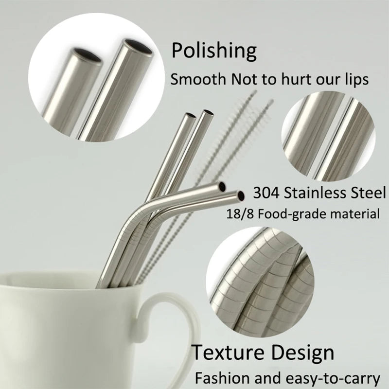 Reusable Metal Straws Set 304 Stainless Steel Drinking Straw for Bubble Tea with Bursh Portable Bag Eco Friendly Products