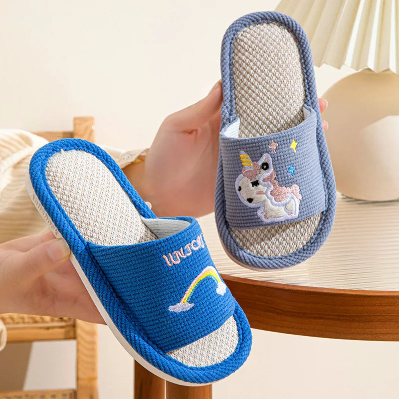 Hemp Cartoon Slippers Children Home Flats Casual Spring Summer Luxury Designer Shoes Girls Rainbow Fashion Indoor Slides Soft