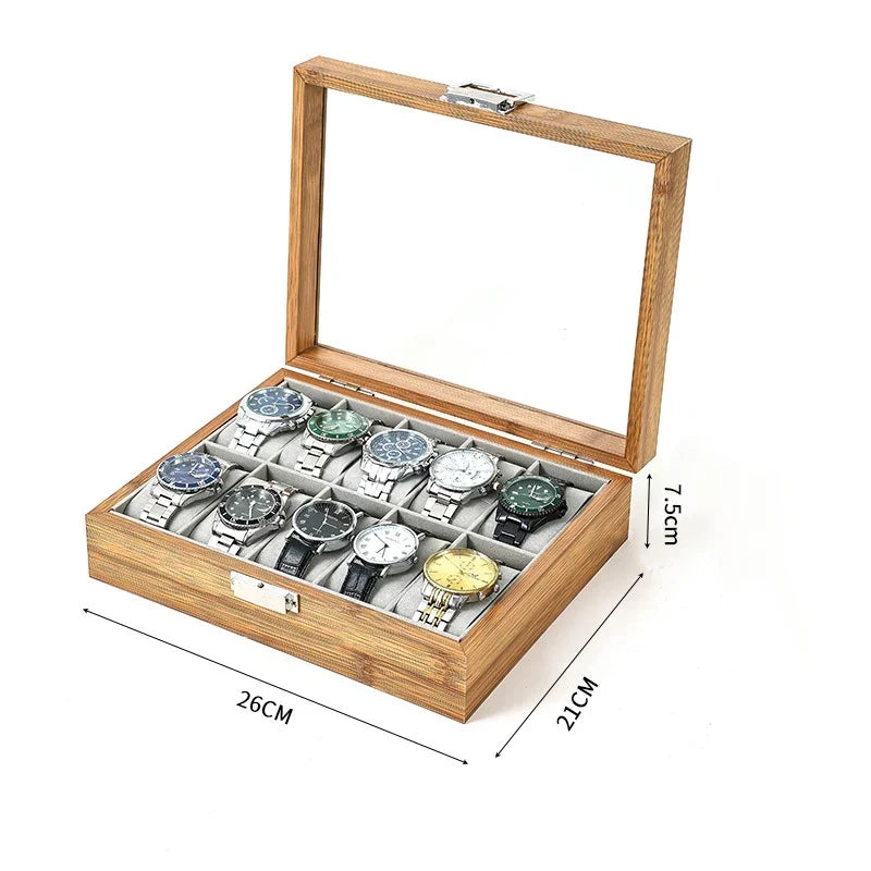 Bamboo Watch Storage Box Organizer - Handmade Festive Gift Display Case for 3/6/10/12 Watches Clock Grids