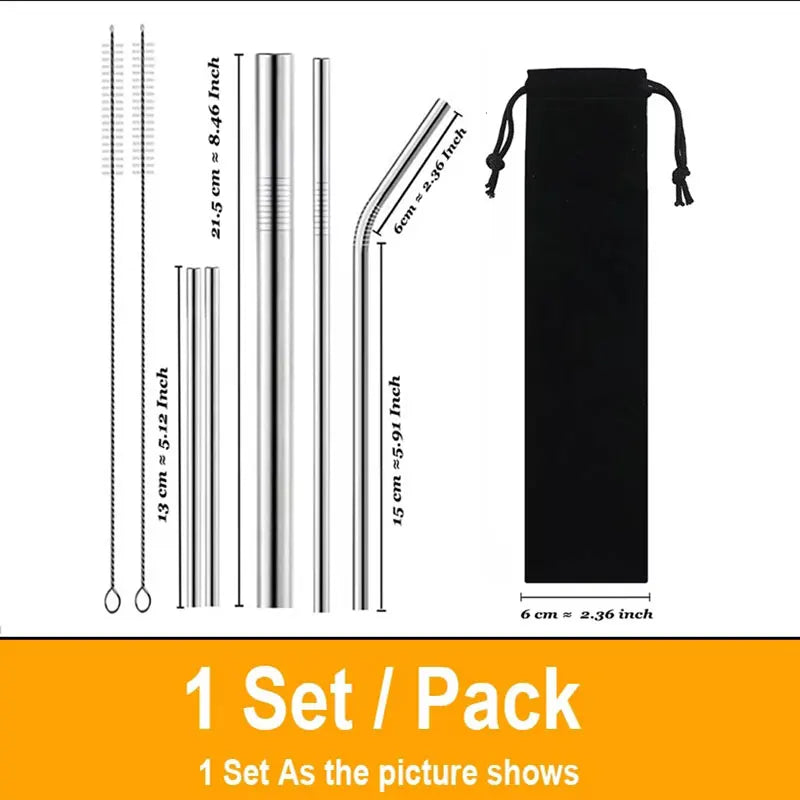 Reusable Metal Straws Set 304 Stainless Steel Drinking Straw for Bubble Tea with Bursh Portable Bag Eco Friendly Products