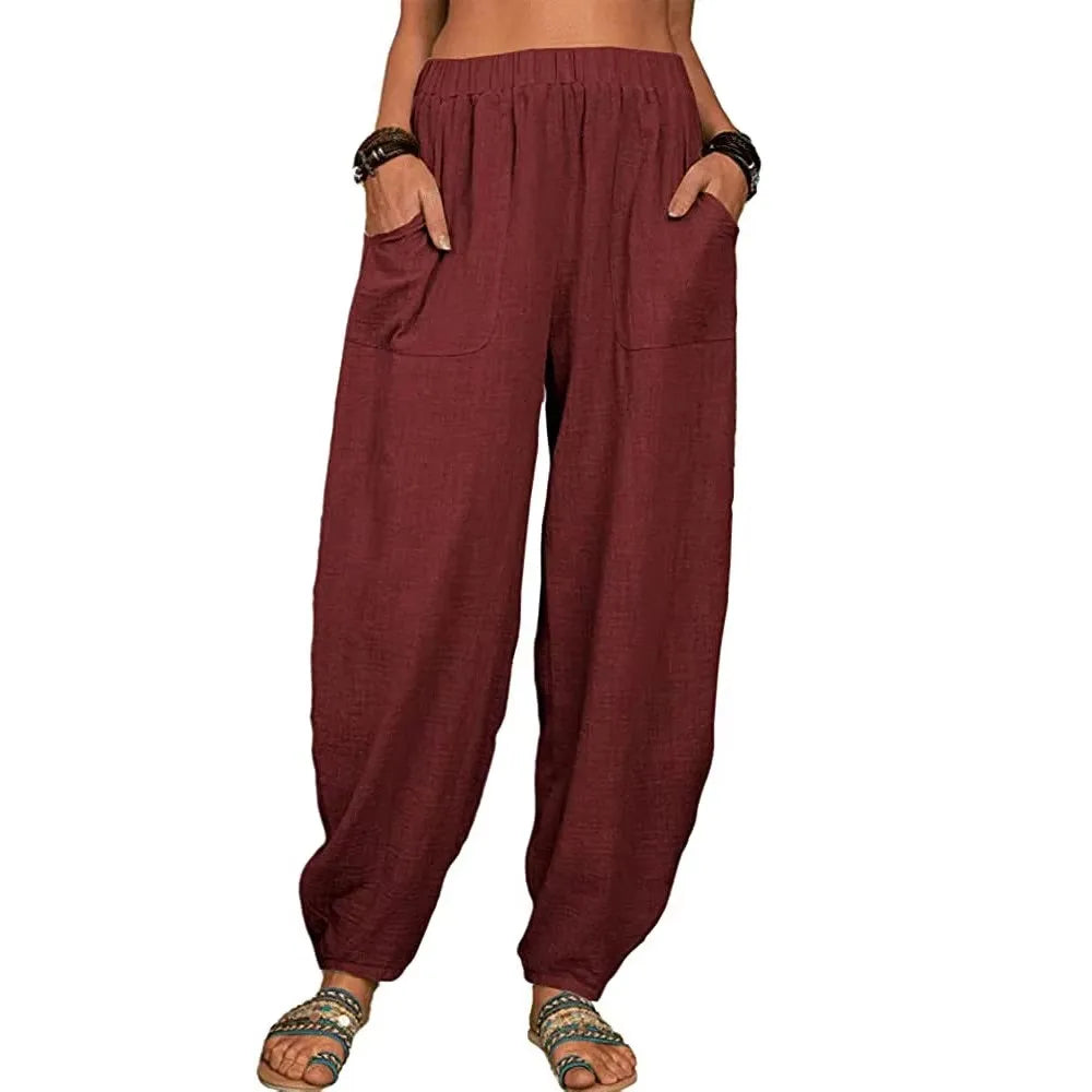 Women Cotton hemp Pants Summer Casual Vintage Pockets Thin Beach Trousers Female Elastic Waist Wide Leg Retro Loose Harem Pants