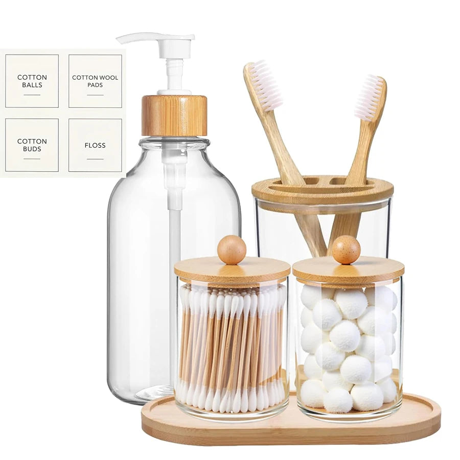 5 Pack Bamboo Bathroom Accessories Set with Tray - Plastic Soap Dispenser Clear Toothbrush Holder and 2 Qtip Holder Cotton Ball
