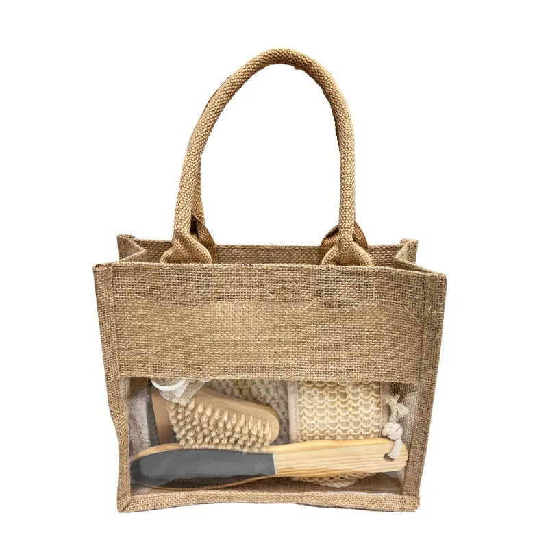 Hemp & Wooden Set 7-Piece with Exfoliating Balls Scrubbing Towels & Bath Brush - Eco-Friendly Spa Gift Set in Natural Fiber Bag