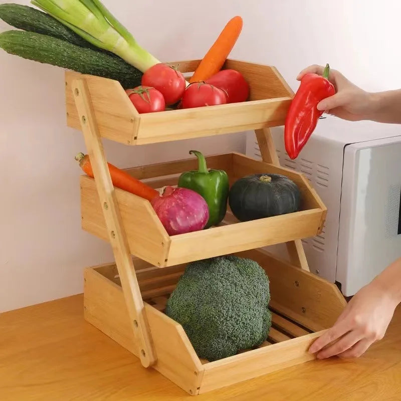 Bamboo and wood three-layer fruit basket, drainage rack, double-layer assembled fruit tray, three-layer kitchen storage rack