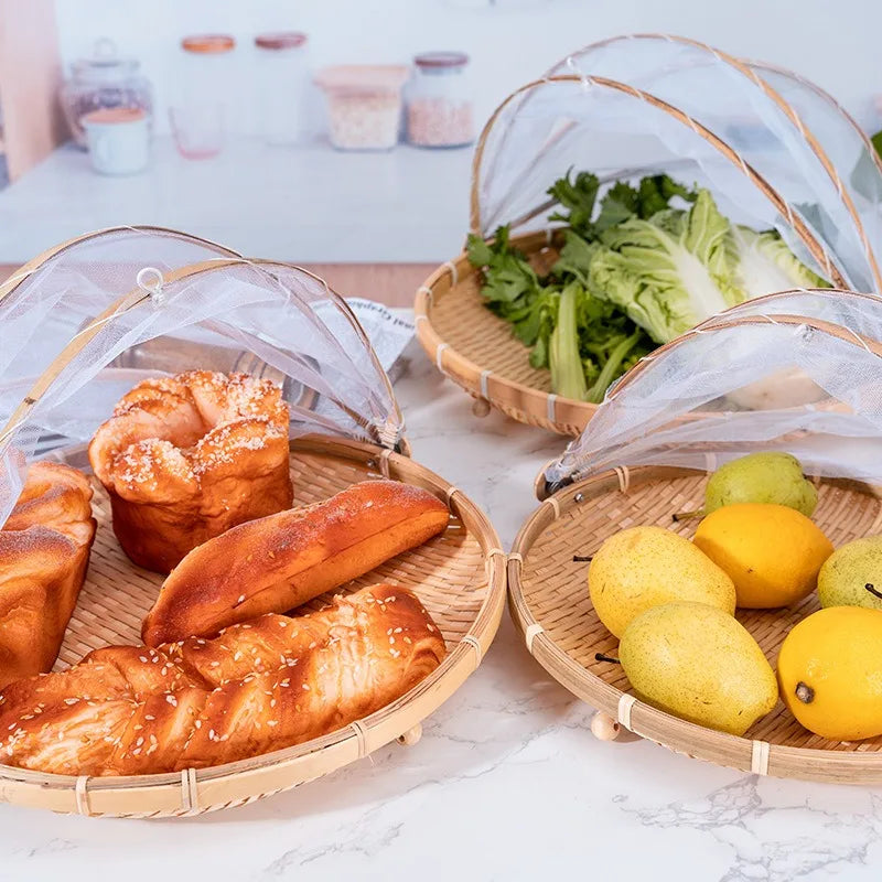 Bamboo Woven Basket Anti-Mosquito Net Fruit Vegetable Basket Dustpan Tent Basket Tray Portable Outdoor Picnic Mesh Net Cover