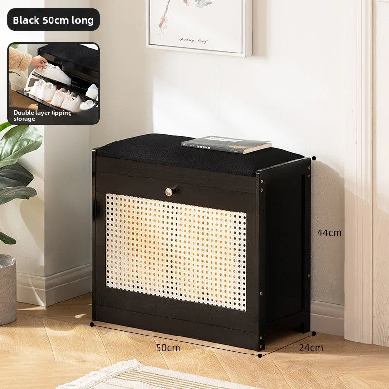 Simple bamboo and wood shoe cabinet, flip bucket storage cabinet, shoe changing bench, bench, rattan breathable shoe cabinet