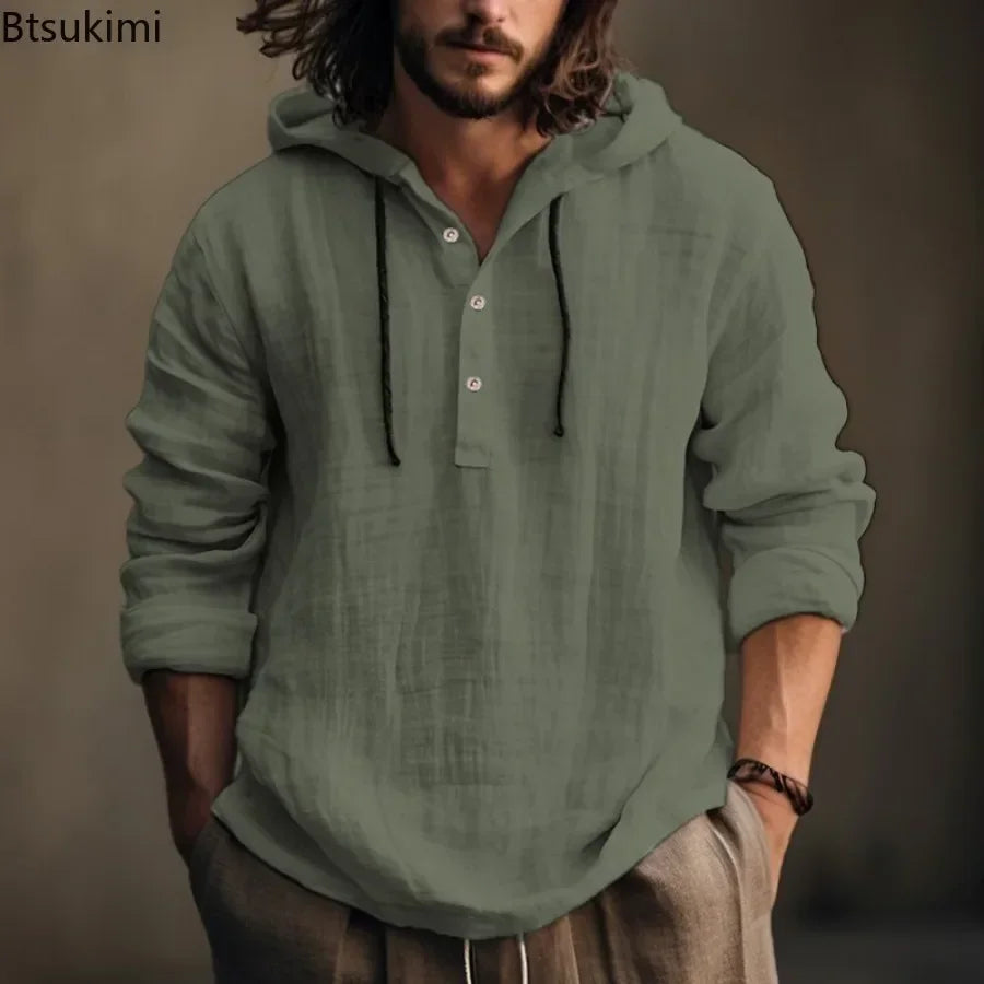 New2026 Men's Casual Cotton Linen Shirts Hoodies Comfortable Breathable Solid Pullovers Tops Soft Daily Wear Men's Clothing Tops