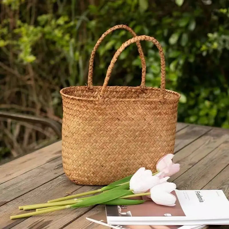 Rural style handmade bamboo woven handbag suitable for beach vacations, camping, and picnics, Available in 2 sizes