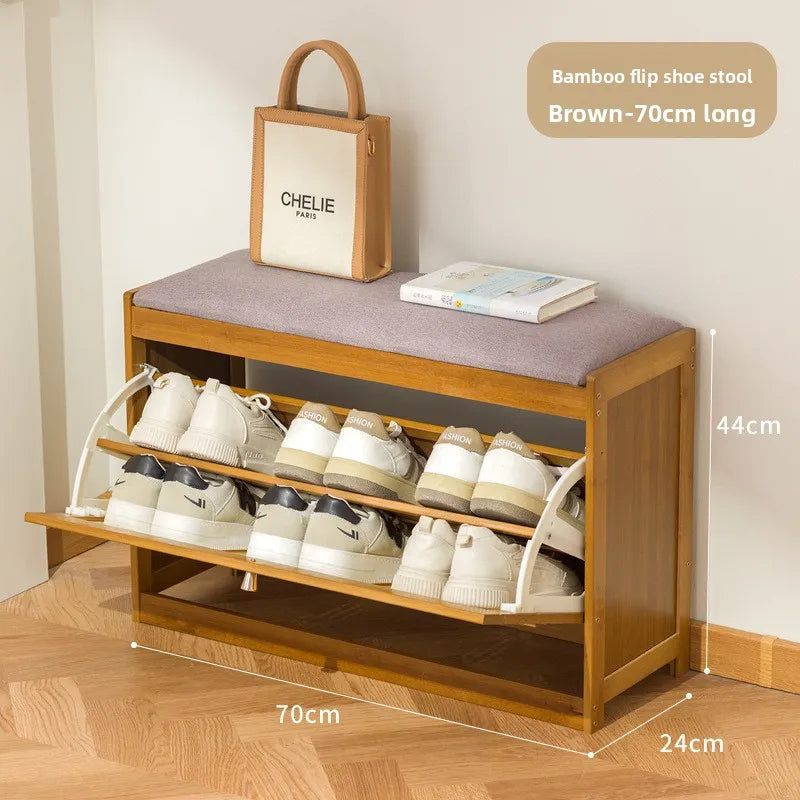 Simple bamboo and wood shoe cabinet, flip bucket storage cabinet, shoe changing bench, bench, rattan breathable shoe cabinet