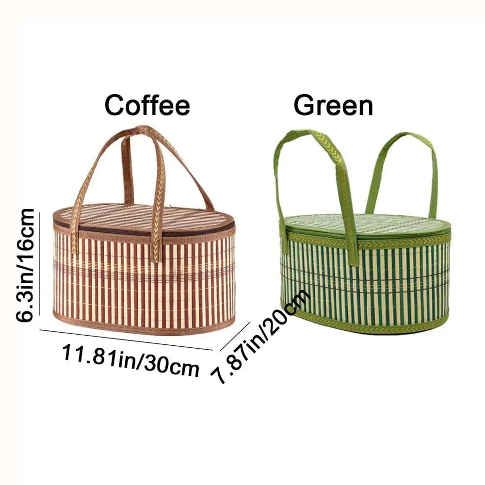 Handheld Elliptical Bamboo Basket Eco-friendly with Lid Bamboo Braided Basket Pastoral Style Sundries Snacks Basket Camping