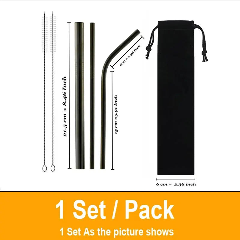 Reusable Metal Straws Set 304 Stainless Steel Drinking Straw for Bubble Tea with Bursh Portable Bag Eco Friendly Products