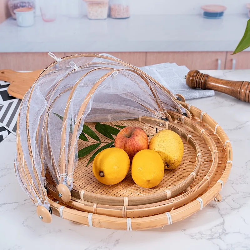 Bamboo Woven Basket Anti-Mosquito Net Fruit Vegetable Basket Dustpan Tent Basket Tray Portable Outdoor Picnic Mesh Net Cover
