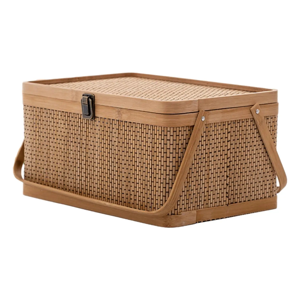 Handcrafted Bamboo Basket with Handle and Lid Durable Snack Fruit Storage for Picnic Camping and Home Use