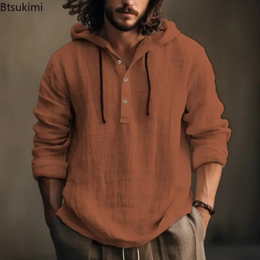 New2026 Men's Casual Cotton Linen Shirts Hoodies Comfortable Breathable Solid Pullovers Tops Soft Daily Wear Men's Clothing Tops
