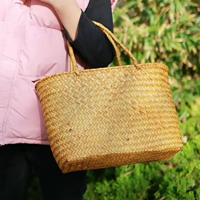 Rural style handmade bamboo woven handbag suitable for beach vacations, camping, and picnics, Available in 2 sizes