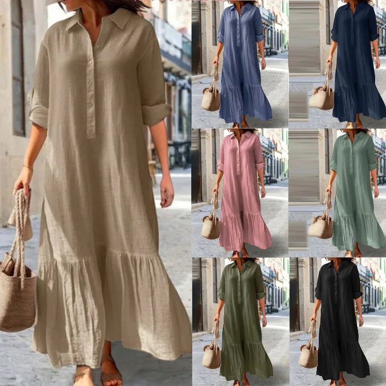 2025 New Cotton Hemp Women's Long Dresses Shirt Collar Twisted Buckle Casual Robe Femmes