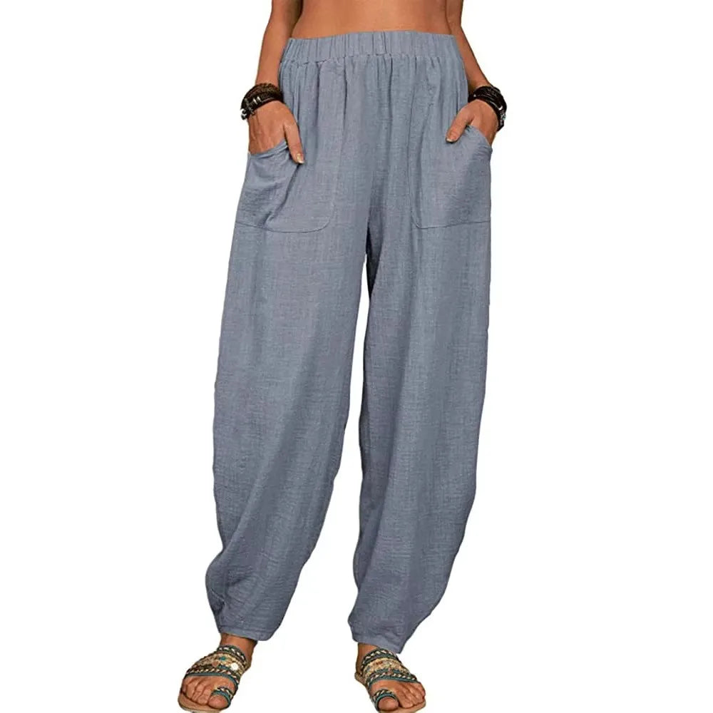 Women Cotton hemp Pants Summer Casual Vintage Pockets Thin Beach Trousers Female Elastic Waist Wide Leg Retro Loose Harem Pants