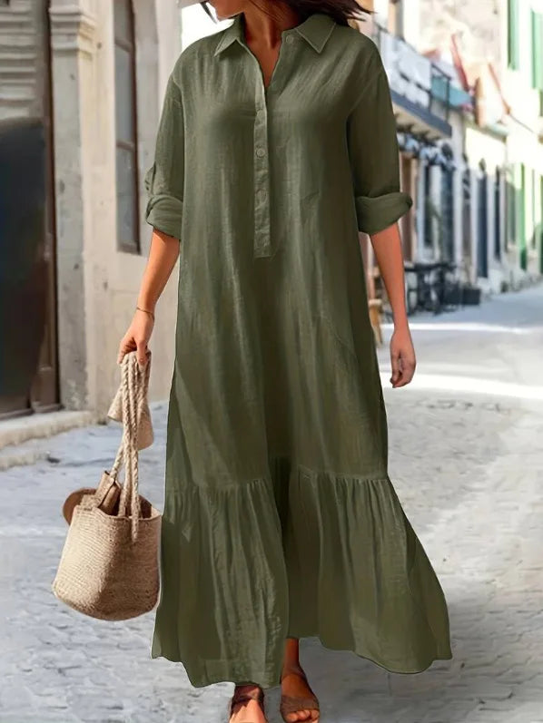 2025 New Cotton Hemp Women's Long Dresses Shirt Collar Twisted Buckle Casual Robe Femmes