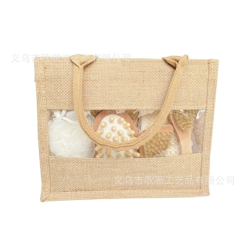 Hemp & Wooden Set 7-Piece with Exfoliating Balls Scrubbing Towels & Bath Brush - Eco-Friendly Spa Gift Set in Natural Fiber Bag