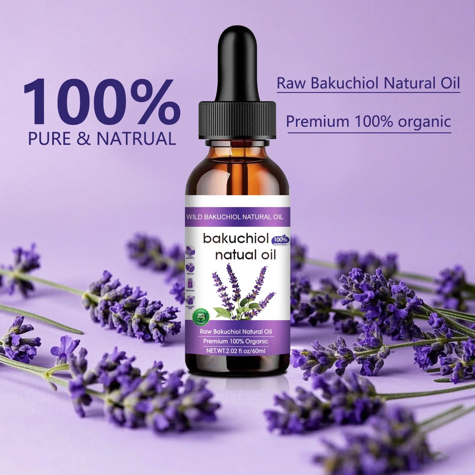 Botanical Anti-Aging Face Oil 60ml - Bakuchiol & Lavender Formula, Natural Retinol Alternative for Radiant Skin.