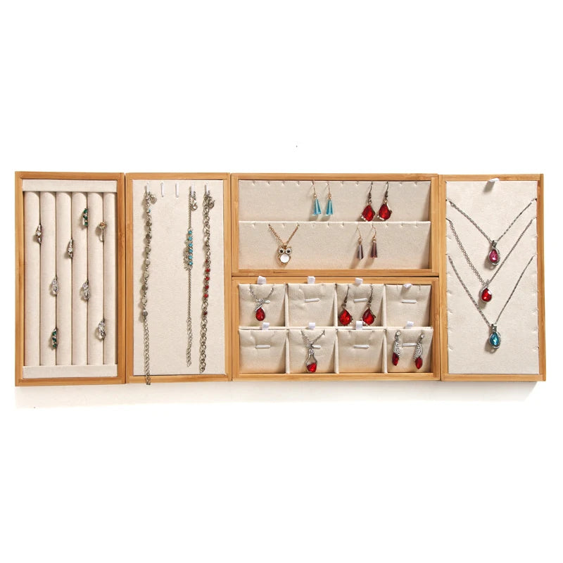 Natural Bamboo Solid Wood Jewelry Display Tray Necklace Ring Earring Storage Box Jewelry Display Plate
