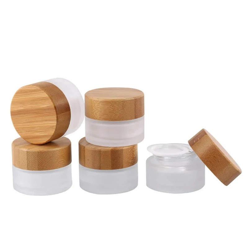 Wholesale 5pcs/lot 15g 30g 50g 100G 150g 200g Solid Wood Bamboo Cover Cosmetics Face Cream Bottle Frosted Glass Cream Bottles