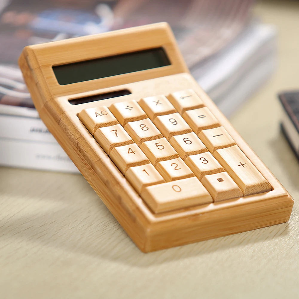 Eco-friendly Bamboo Electronic Calculator Counter Standard Function 12 Digits Solar & Battery Dual Powered for Home Office