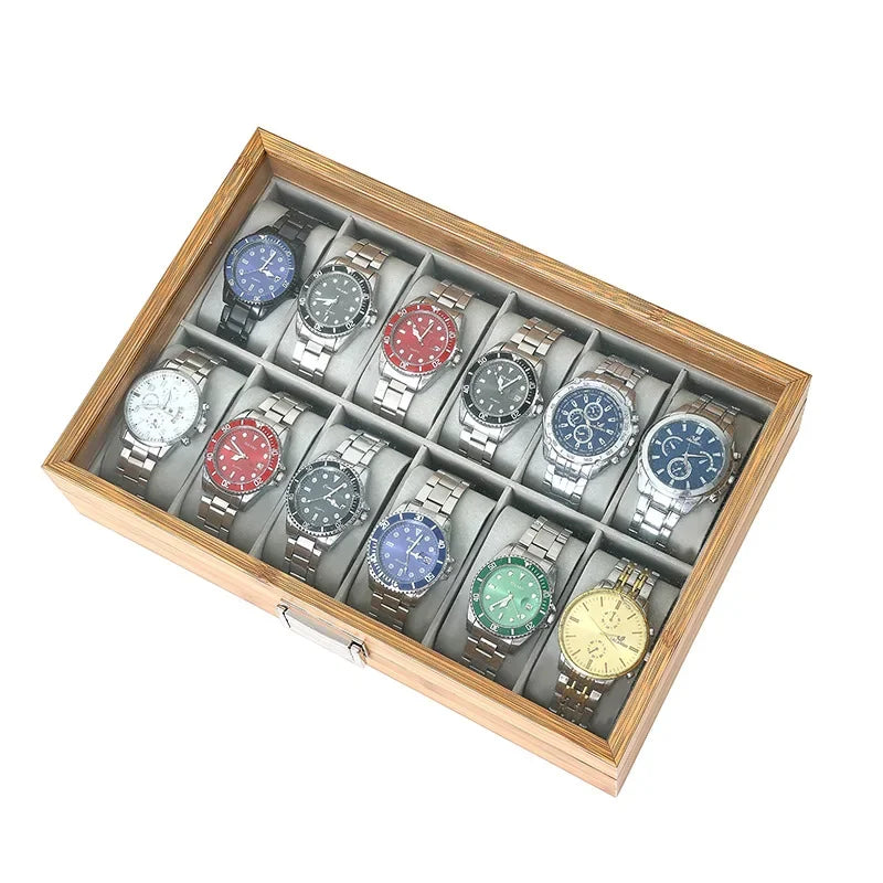 Bamboo Watch Storage Box Organizer - Handmade Festive Gift Display Case for 3/6/10/12 Watches Clock Grids