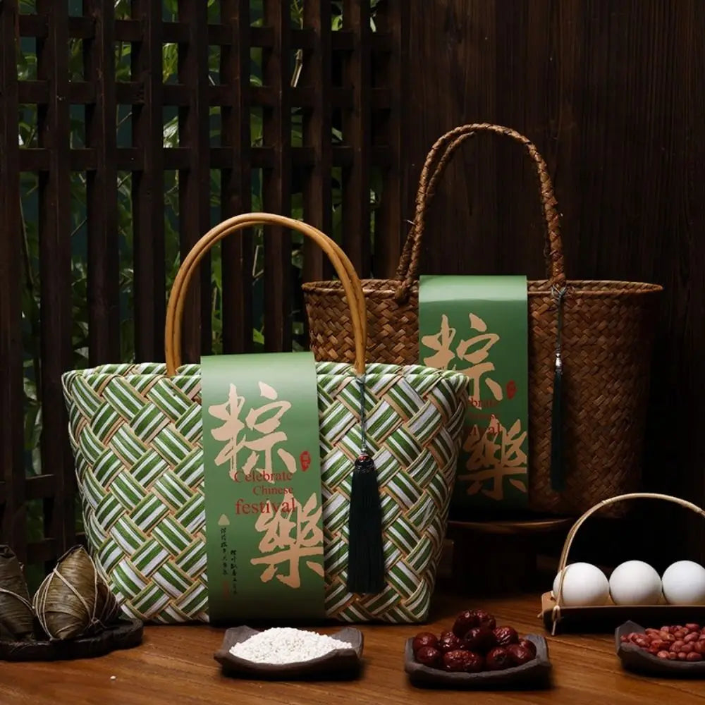 Bamboo Zongzi Packaging Box Chinese Style Handheld Handwoven Storage Basket Eco-friendly Shopping Bag Mid Autumn Festival