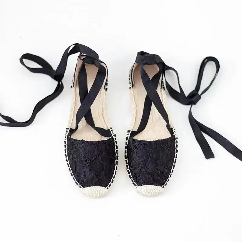 Shoes for Women Hemp Rope Bottom Ladies Sandals Flat Shoes Women Strappy Fisherman Sandals Women Spring and Summer Lace Students