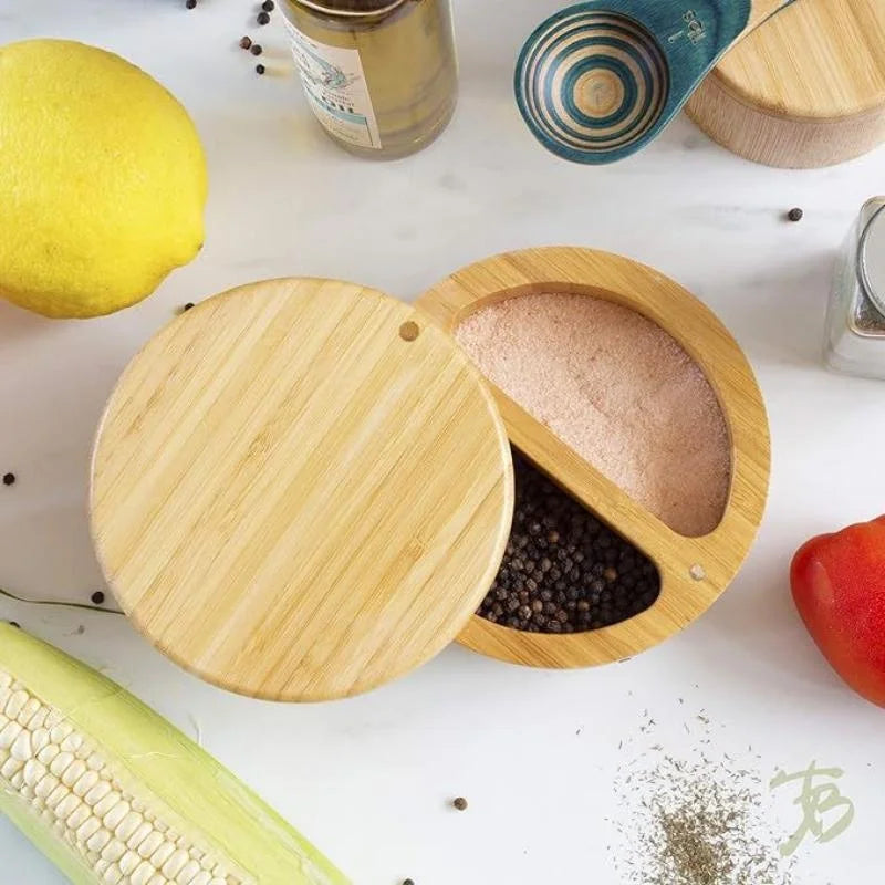 New Kitchen Convenience Tools Bamboo Salt Jar Kitchen Seasoning Bottle Circular Bamboo Seasoning Box Spice Rack Accessories