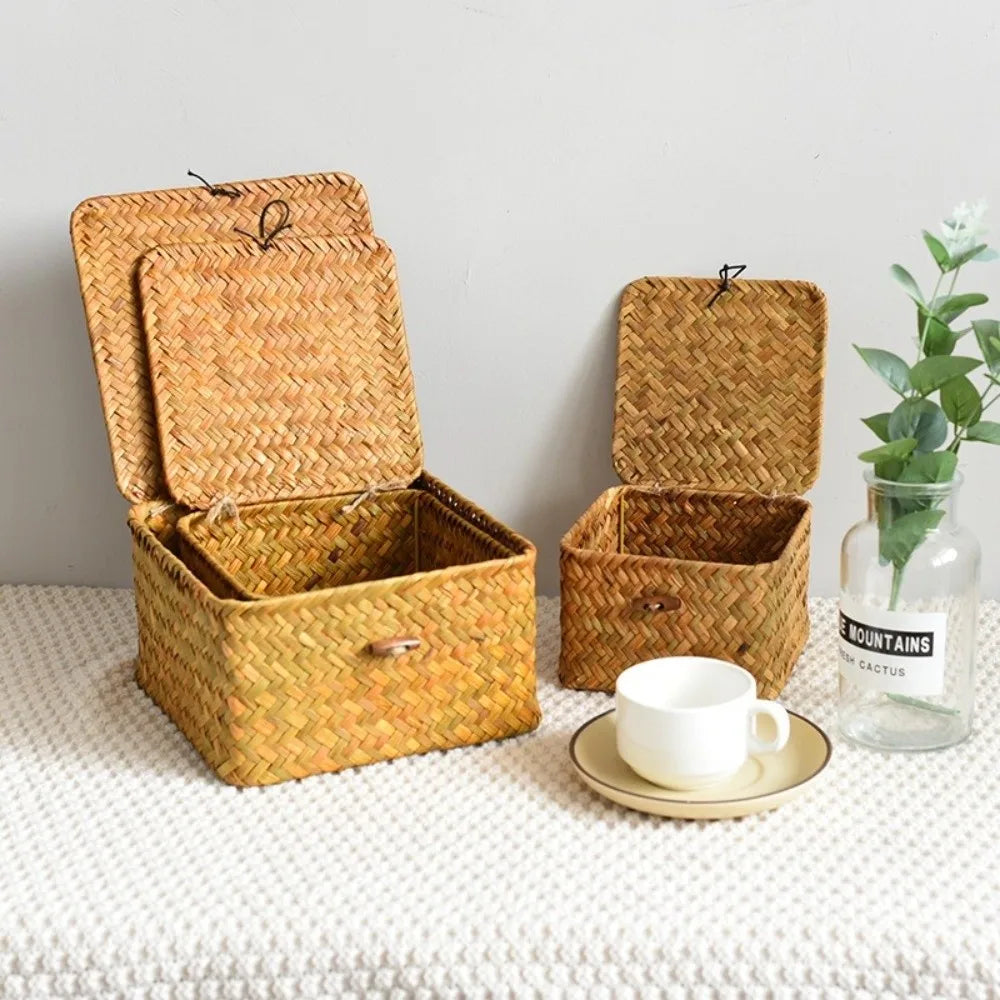 Eco-Friendly Sea Grass Wicker Shelf Baskets Weaving with Lid Storage Bins Handwoven Rectangular Storage Box Home Organizer