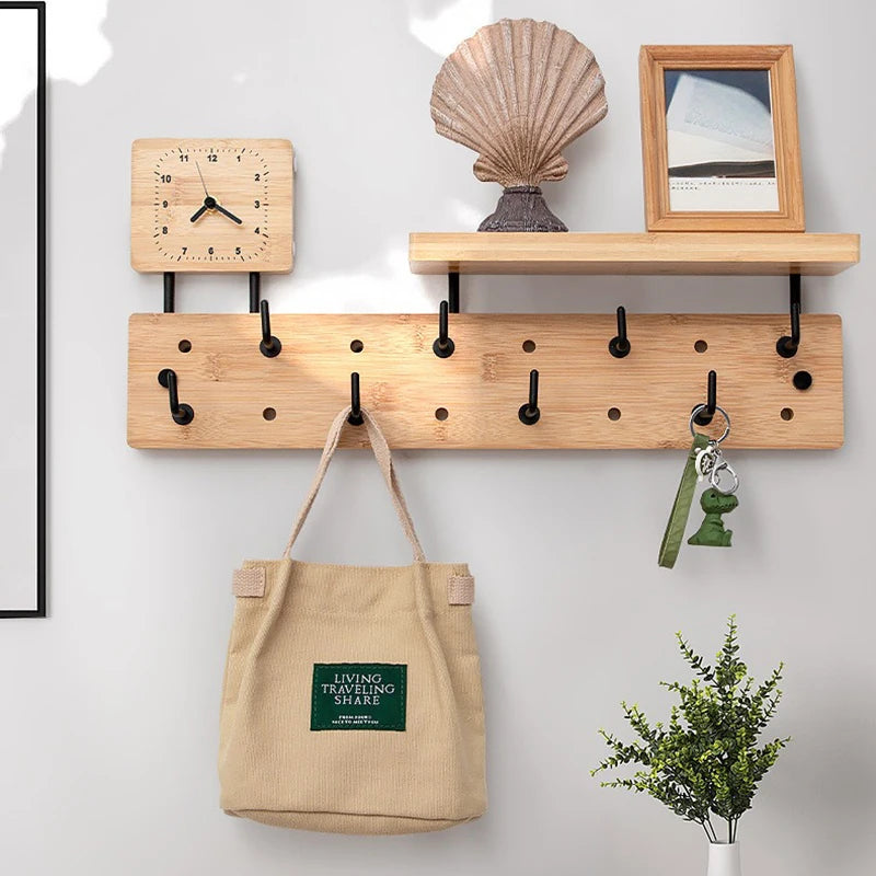 Bamboo Wooden Wall Mounted Clothes Rack Hanging Entrance Creative Coat Racks with Storage Rack Organizer Coat Rack Clothing