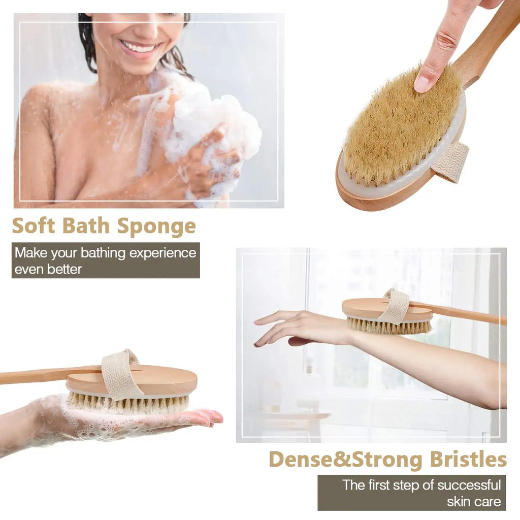 Bamboo Super Long 48cm Curved Handle Pig Mane Bath Brush, Foldable for Bathing, Cleaning, Massage, Rubbing, Back Brushing