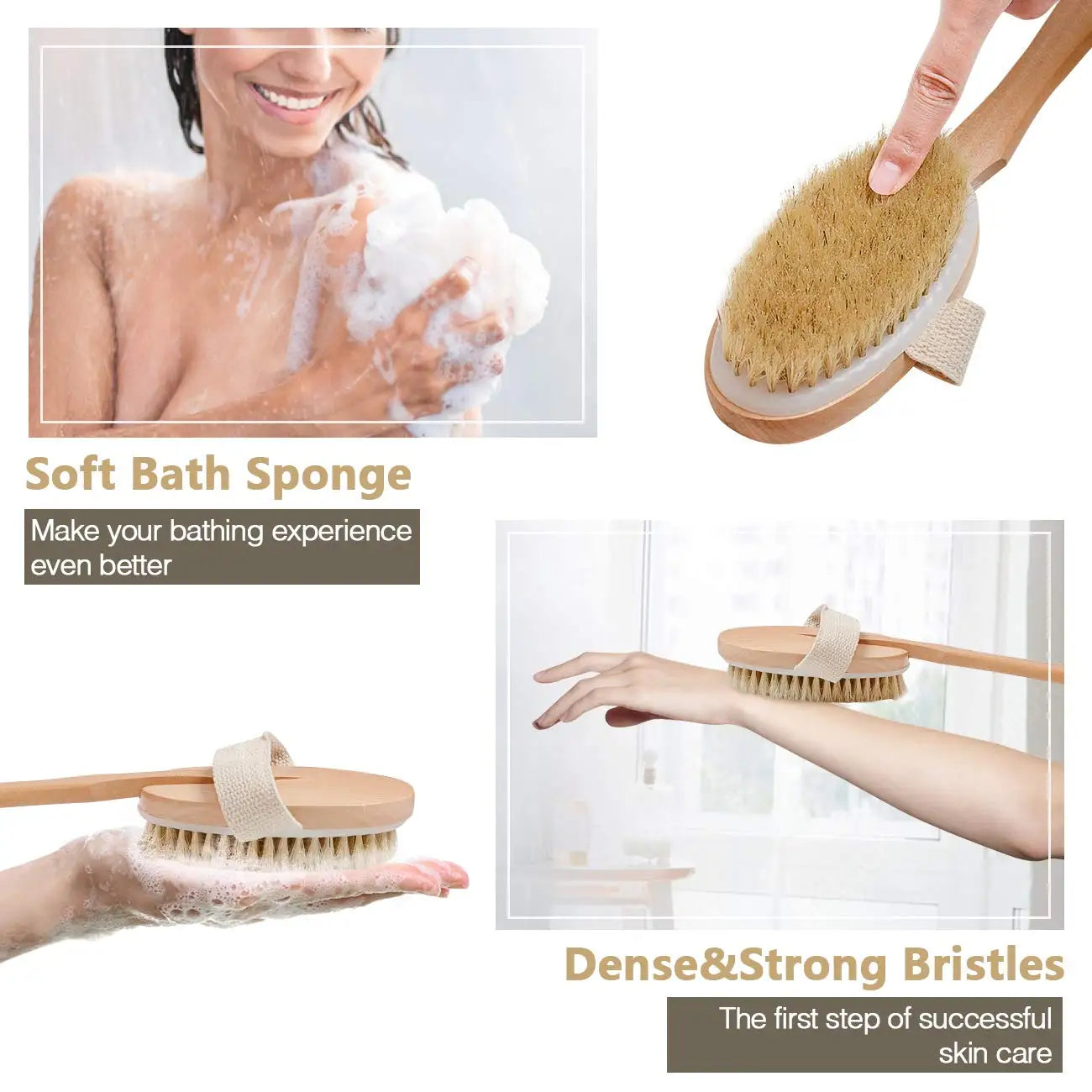 Bamboo Super Long 48cm Curved Handle Pig Mane Bath Brush, Foldable for Bathing, Cleaning, Massage, Rubbing, Back Brushing