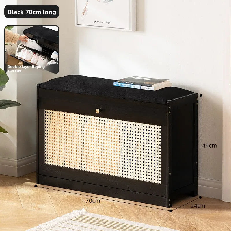Simple bamboo and wood shoe cabinet, flip bucket storage cabinet, shoe changing bench, bench, rattan breathable shoe cabinet